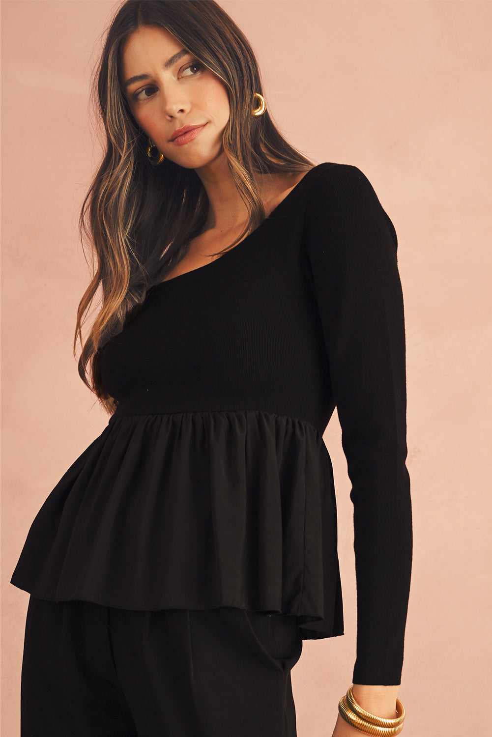 Black Pleated Hem Long Sleeve Ribbed Knit Top - The Fair Lady Shop