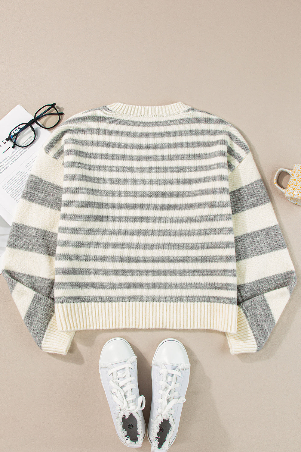 Gray Stripe Drop Shoulder Crew Neck Sweater - The Fair Lady Shop