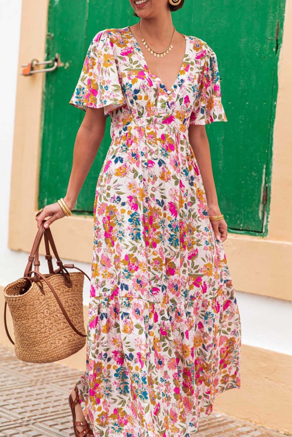 Red Floral Short Sleeve V Neck High Waist Maxi Dress - The Fair Lady Shop