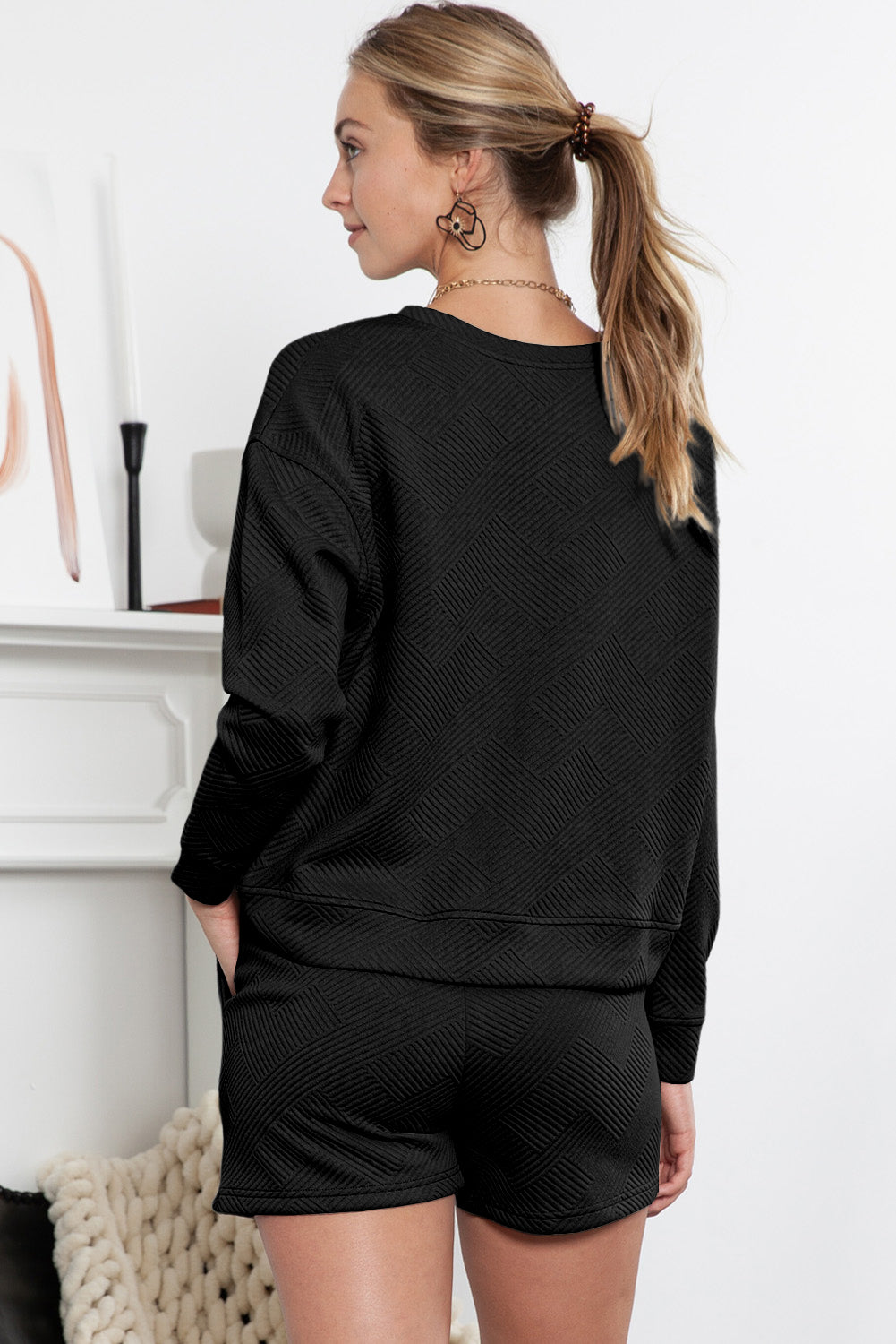 Black Textured Long Sleeve Top & Drawstring Shorts Set - The Fair Lady Shop
