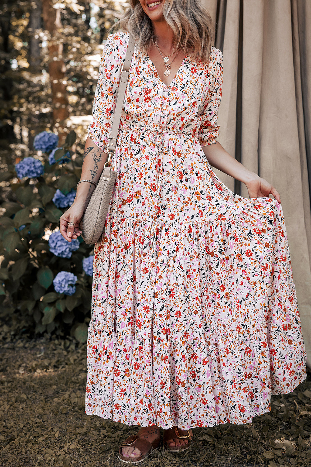 Red Boho Floral Print V Neck Tiered Maxi Dress - The Fair Lady Shop