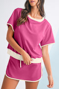 Rose Red Colorblock Edge Drop Shoulder T Shirt and Skort Set