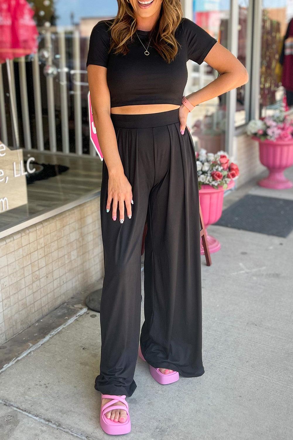 Strawberry Pink Plain Slim Fit Crop Top And Wide Leg Pants Set - The Fair Lady Shop