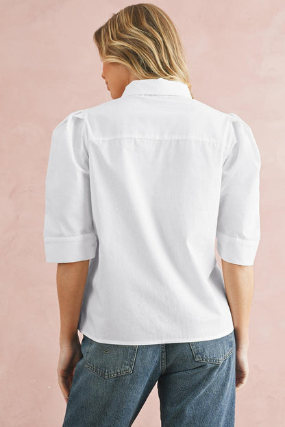 White Solid Color Button Up Puff Sleeve Shirt - The Fair Lady Shop