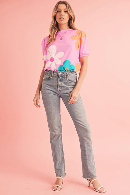 Apricot Colorful Flower Print Bubble Sleeve Tee - The Fair Lady Shop