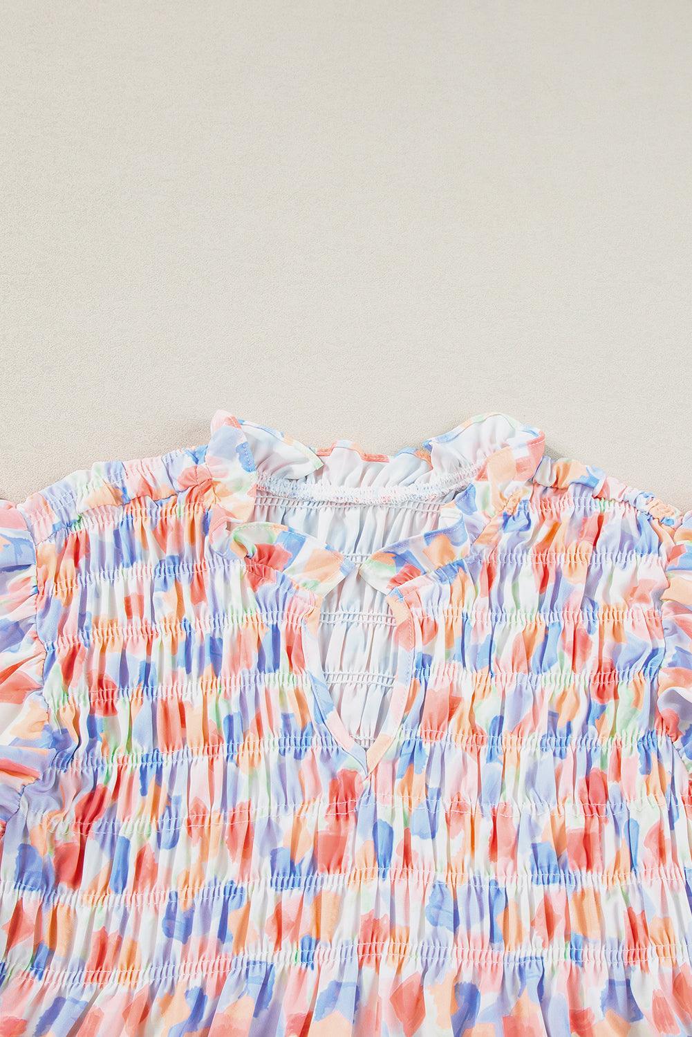 Pink Shirred Yoke Ruffle Abstract Blouse - The Fair Lady Shop