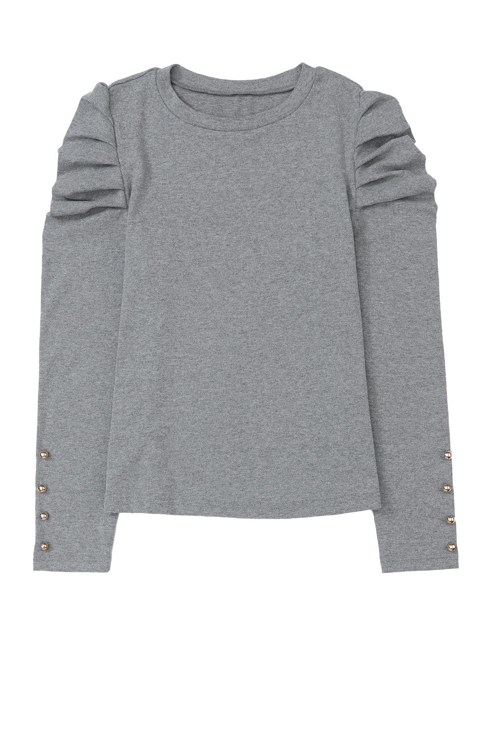Khaki Plain Buttoned Puff Long Sleeve Sheath Top - The Fair Lady Shop