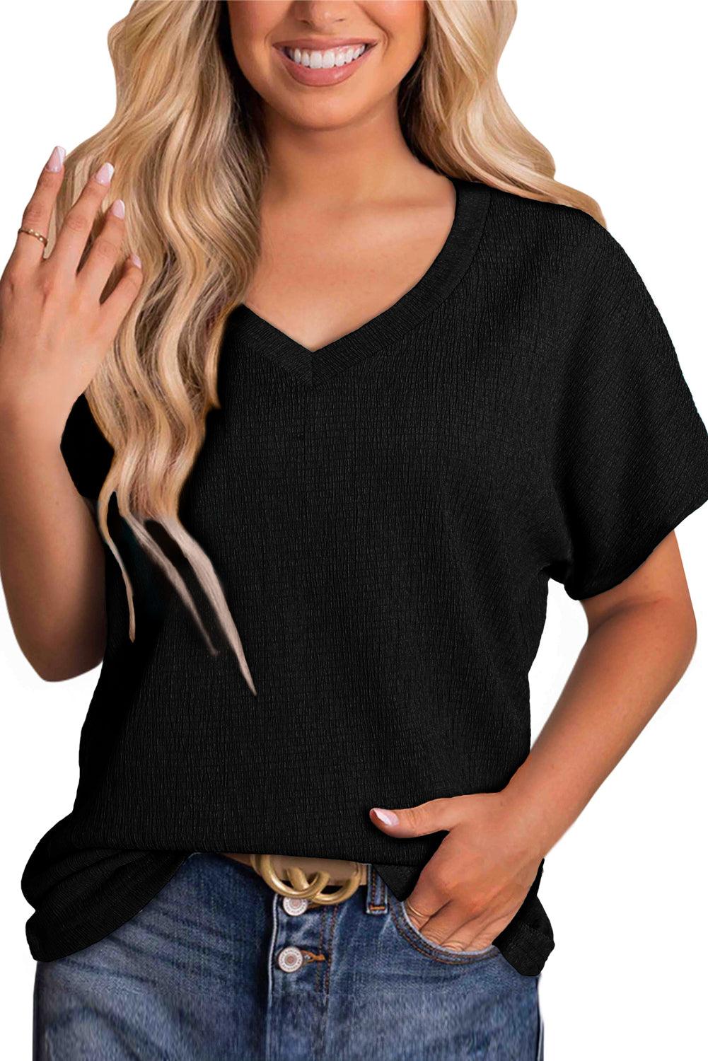 Blue Plain Crinkled V Neck Flounce Sleeve T Shirt - The Fair Lady Shop