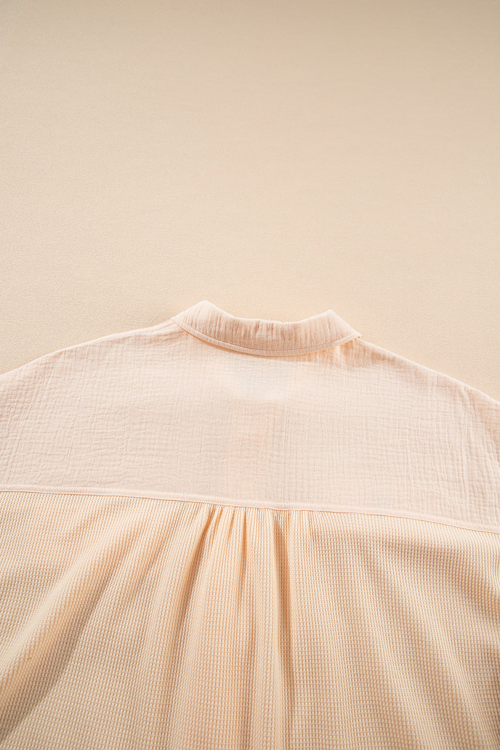 Beige Waffle Crinkle Patchwork Short Batwing Sleeve Shirt - The Fair Lady Shop