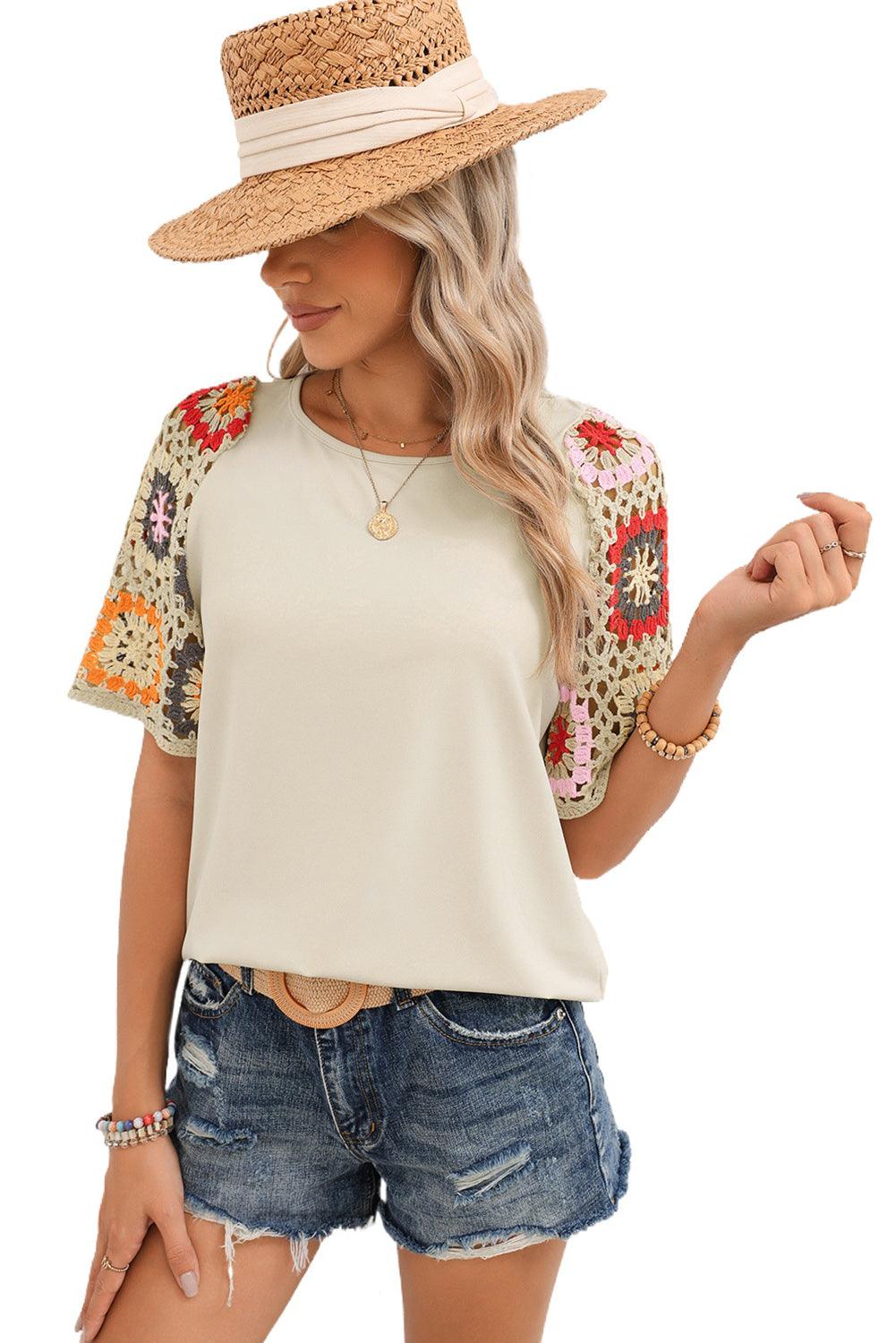 Black Floral Hollowed Crochet Sleeve Boho T Shirt - The Fair Lady Shop