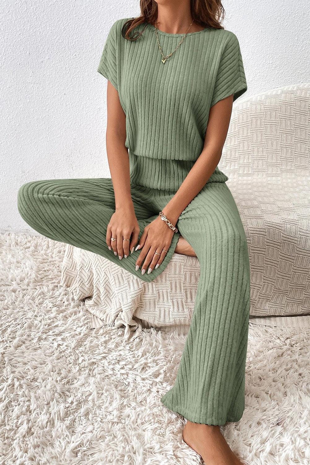 Grass Green Solid Color Ribbed Short Sleeve Wide Leg Jumpsuit - The Fair Lady Shop