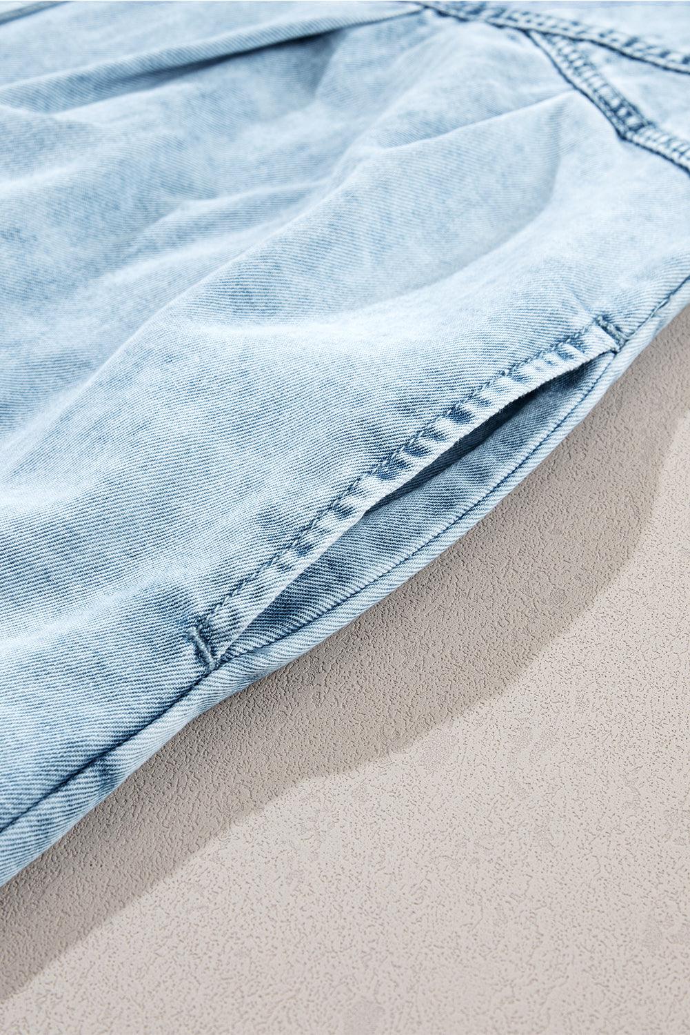 Blue Mineral Washed Ruffled Short Sleeve Pocketed Denim Dress - The Fair Lady Shop