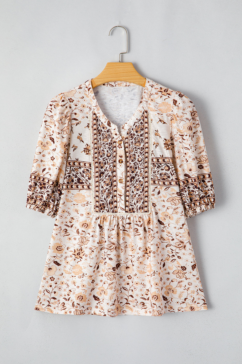 Khaki Boho Floral Print Half Placket Short Sleeve Loose Blouse - The Fair Lady Shop