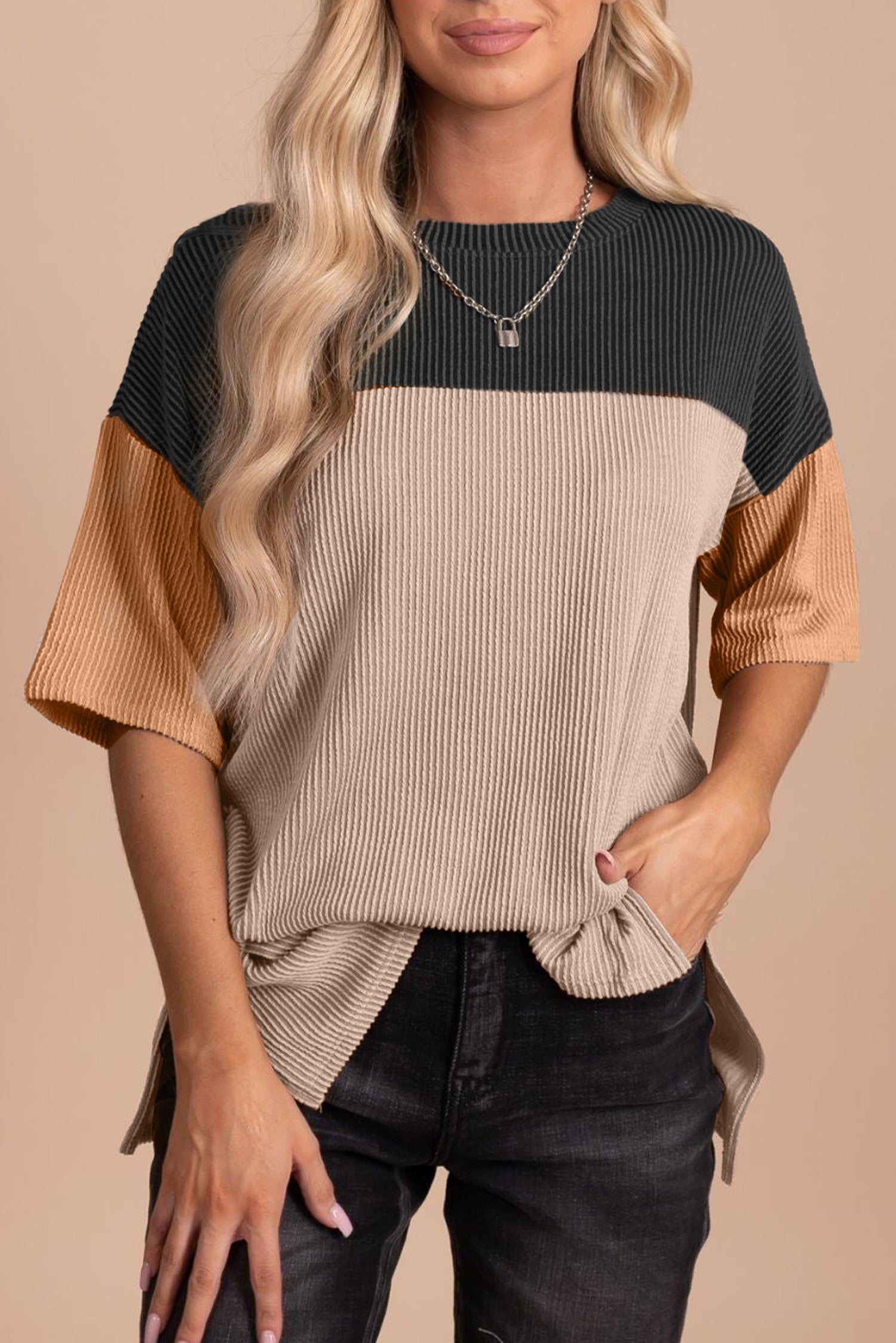Black Color Block Ribbed Side Slits Half Sleeve Top - The Fair Lady Shop