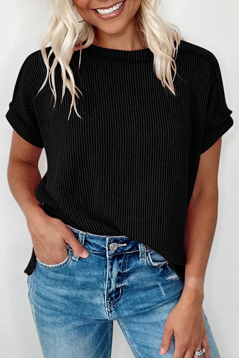 Medium Grey Ribbed Knit Exposed Seam Round Neck T-shirt - The Fair Lady Shop