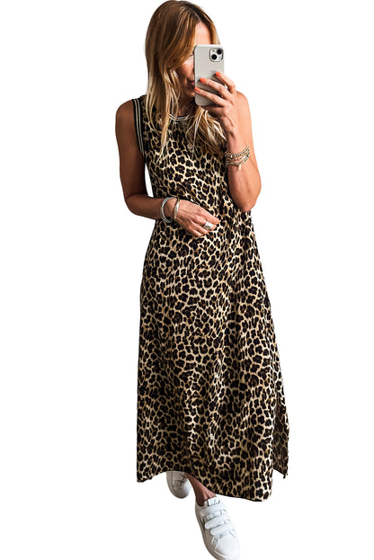 Black Contrast Striped Trim Leopard Sleeveless Midi Dress - The Fair Lady Shop