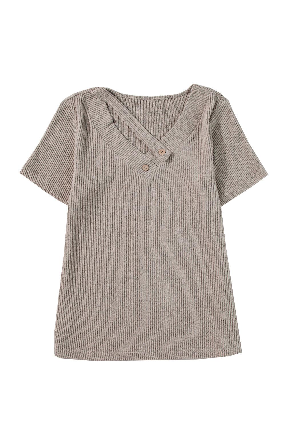 Pale Khaki Button Strappy V Neck Plain Ribbed Tee - The Fair Lady Shop