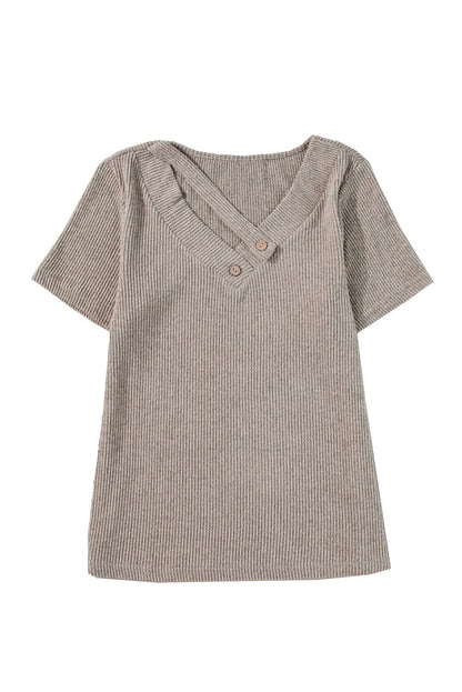 Pale Khaki Button Strappy V Neck Plain Ribbed Tee - The Fair Lady Shop