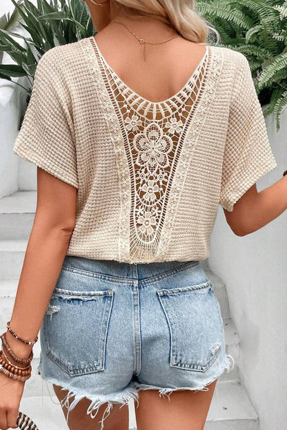 Oatmeal Guipure Lace Splicing Back Waffle Textured T-shirt - The Fair Lady Shop