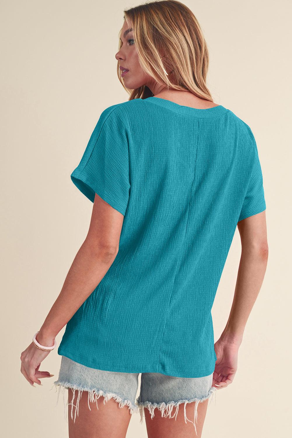 Blue Plain Crinkled V Neck Flounce Sleeve T Shirt - The Fair Lady Shop