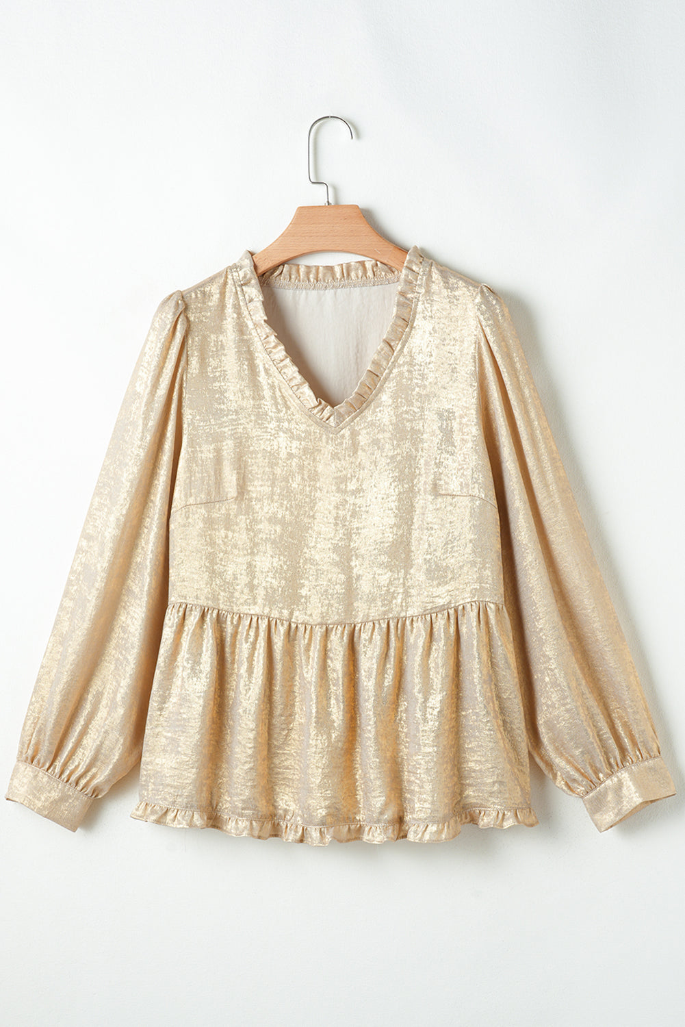 Gold Metallic Velvet Frill V Neck Puff Sleeve Babydoll Blouse - The Fair Lady Shop
