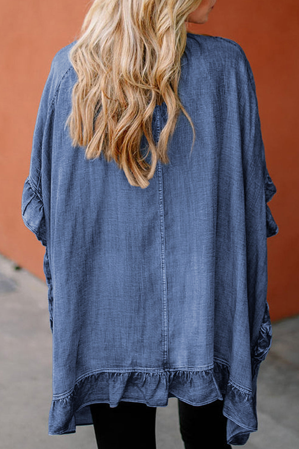 Dusk Blue Half Sleeve Ruffle Edge Chambray Open Kimono - The Fair Lady Shop