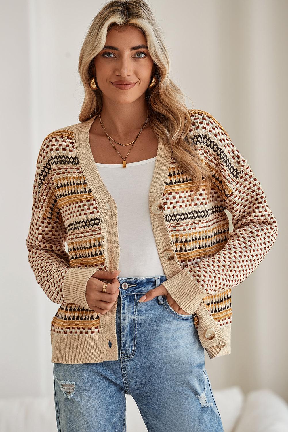 Khaki Geometric Pattern Button Front V Neck Cropped Cardigan - The Fair Lady Shop