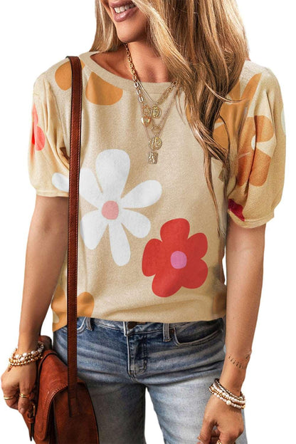 Apricot Colorful Flower Print Bubble Sleeve Tee - The Fair Lady Shop