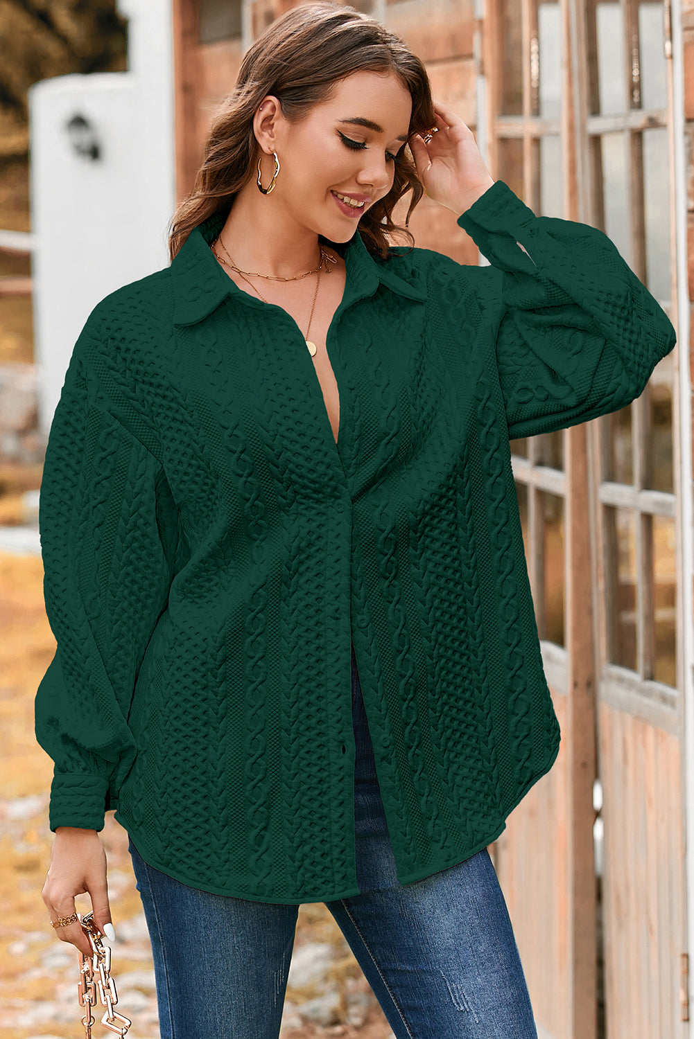 Blackish Green Cable Texture Puff Sleeve Loose Shacket