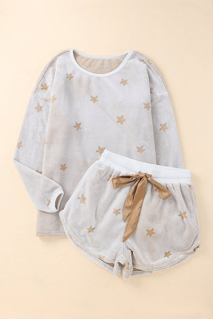 White Star Print Long Sleeve Top & Shorts Loungewear Set - The Fair Lady Shop