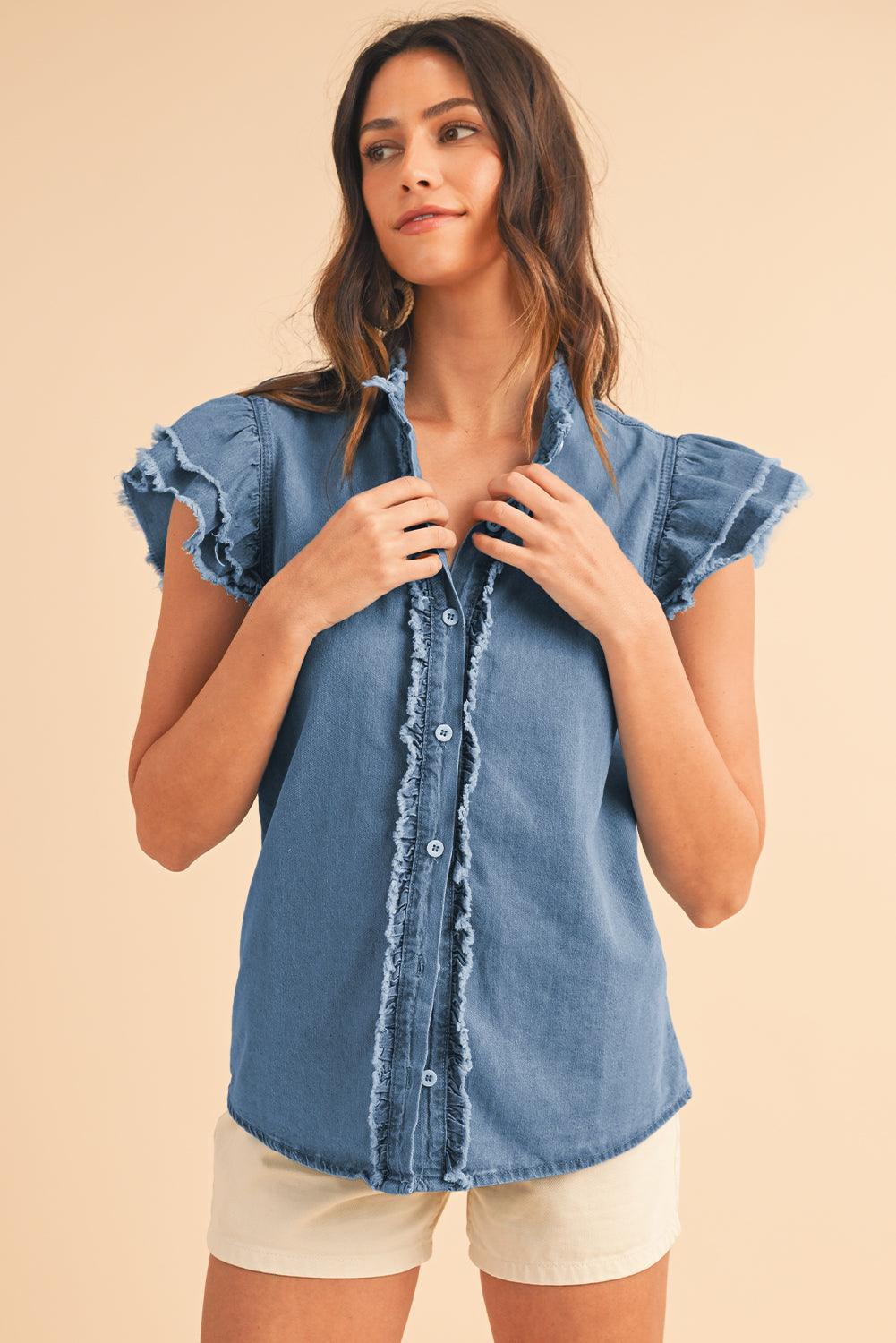 Ashleigh Blue Button Front Ruffled Flutter Frayed Denim Top - The Fair Lady Shop