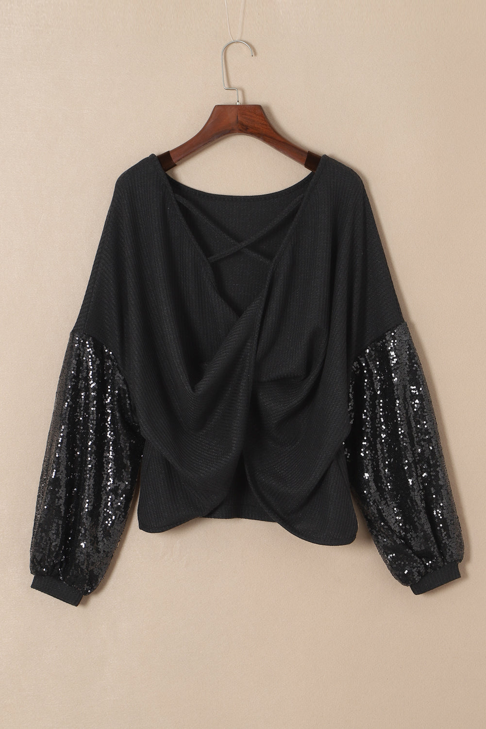 Black Cross Backless Sequin Bishop Sleeve Top - The Fair Lady Shop