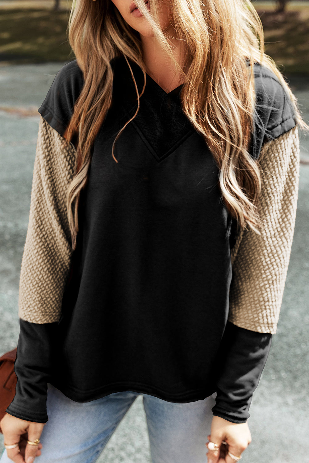Black Textured Splicing Sleeve Raw Hem Hoodie - The Fair Lady Shop