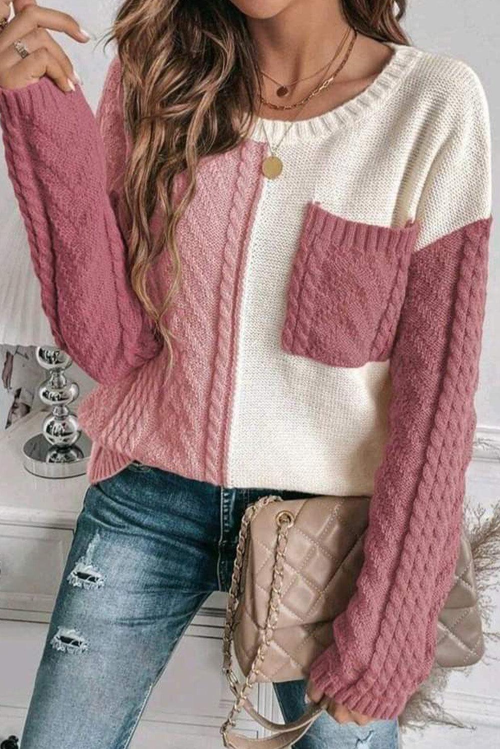 Rose Tan Colorblock Pocket Drop Shoulder Sweater - The Fair Lady Shop