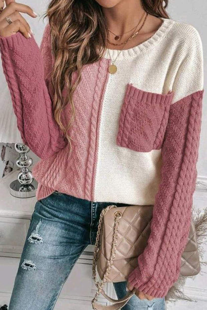 Rose Tan Colorblock Pocket Drop Shoulder Sweater - The Fair Lady Shop