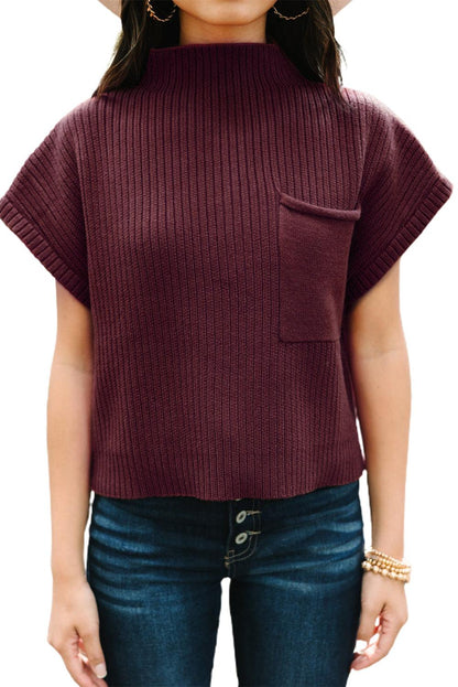 Green Patch Pocket Ribbed Knit Short Sleeve Sweater - The Fair Lady Shop