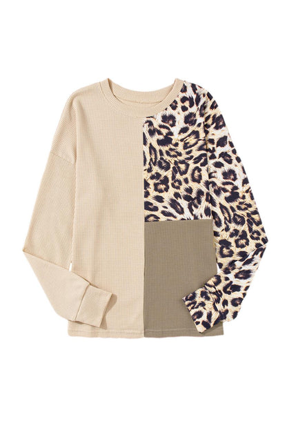 Bonbon Casual Waffle Knit Leopard Contrast Long Sleeve Top - The Fair Lady Shop