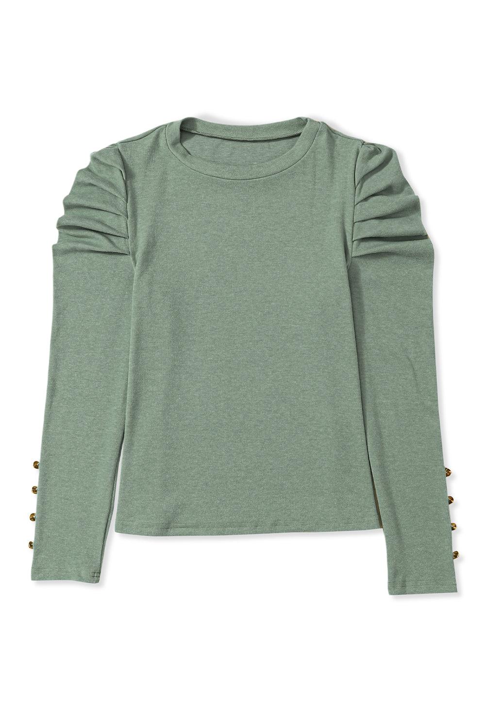 Khaki Plain Buttoned Puff Long Sleeve Sheath Top - The Fair Lady Shop