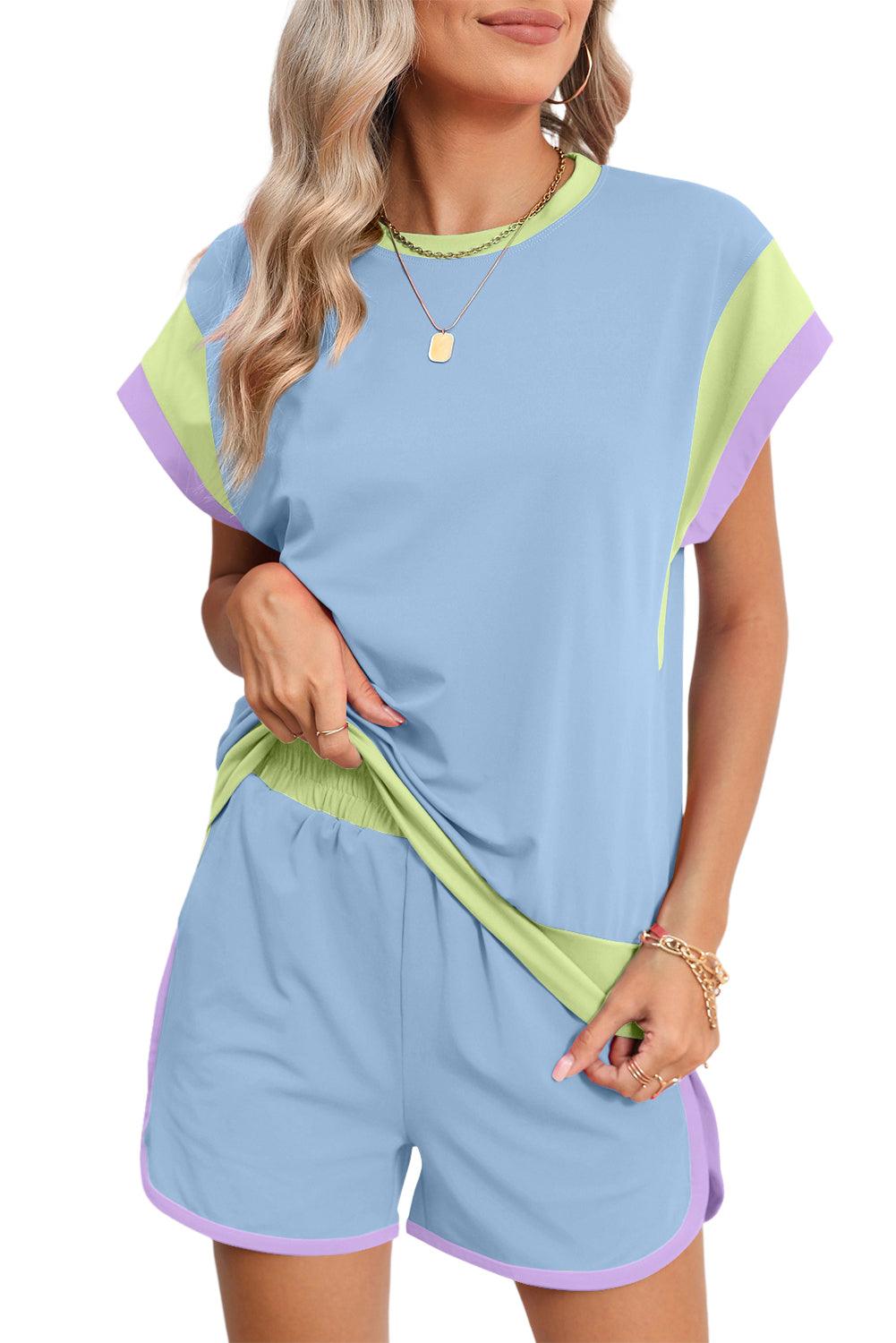 Peach Blossom Color Block Loose Fit Top & Elastic Waist Shorts Set - The Fair Lady Shop