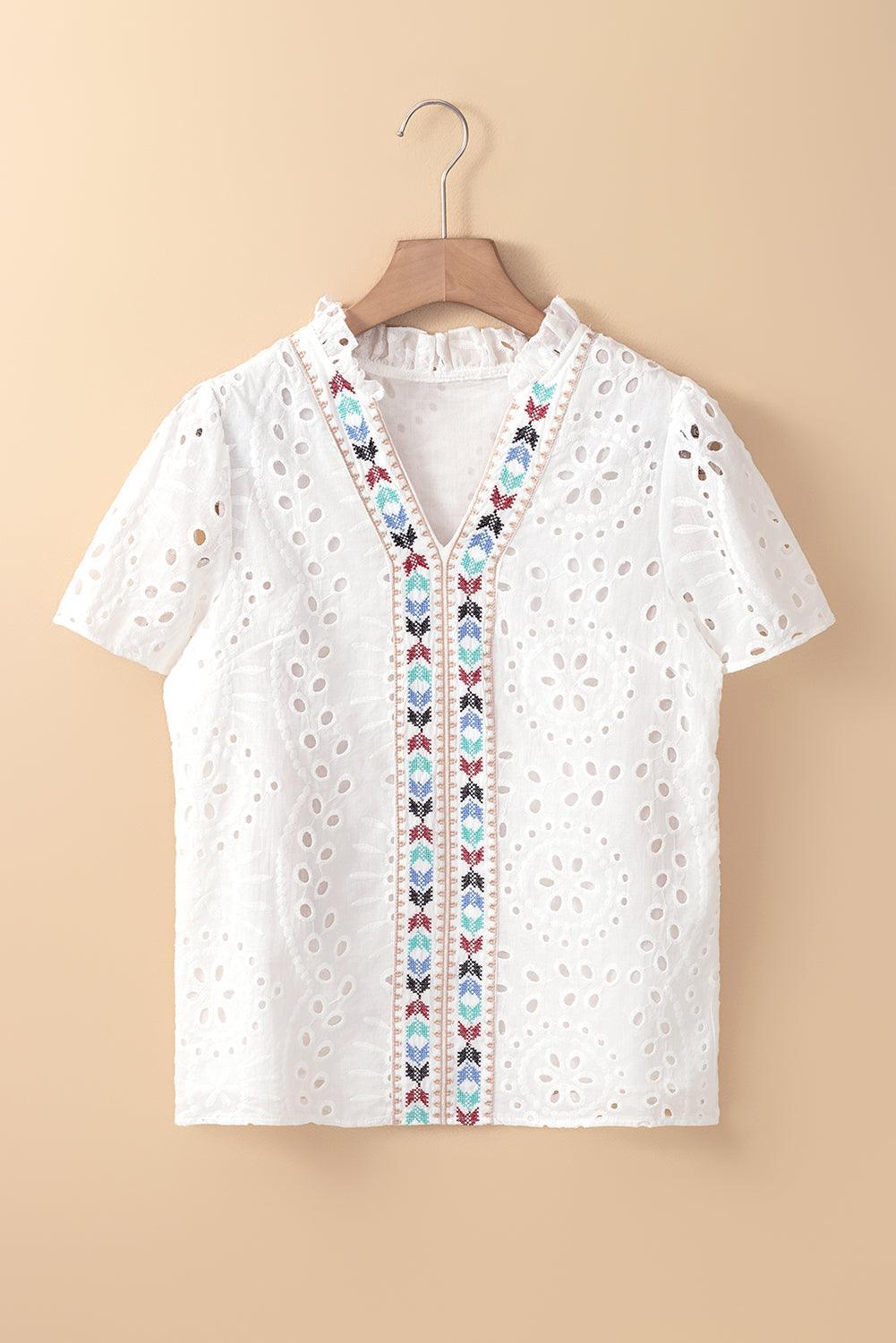 White Boho Geometric Pattern V Neck Cut-out Blouse - The Fair Lady Shop