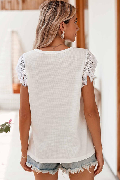 White Boho Floral Print Fringe Shoulder Sleeveless Shirt - The Fair Lady Shop