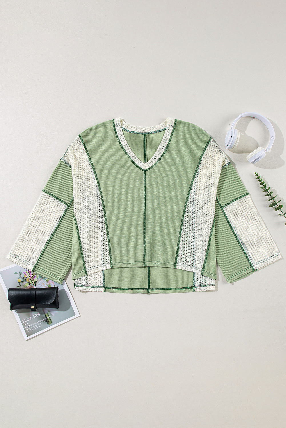 Grass Green Crochet Patchwork Exposed Seam High Low Loose Top - The Fair Lady Shop