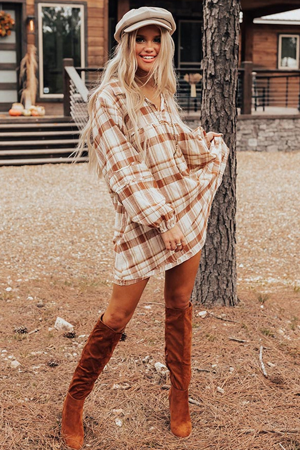 Brown Plaid Print Side Pockets Frill Babydoll Mini Dress - The Fair Lady Shop