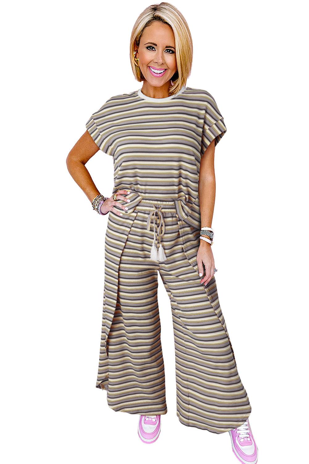 Yellow Stripe Rainbow Tee and Tassel Drawstring Wide Leg Pants Set - The Fair Lady Shop