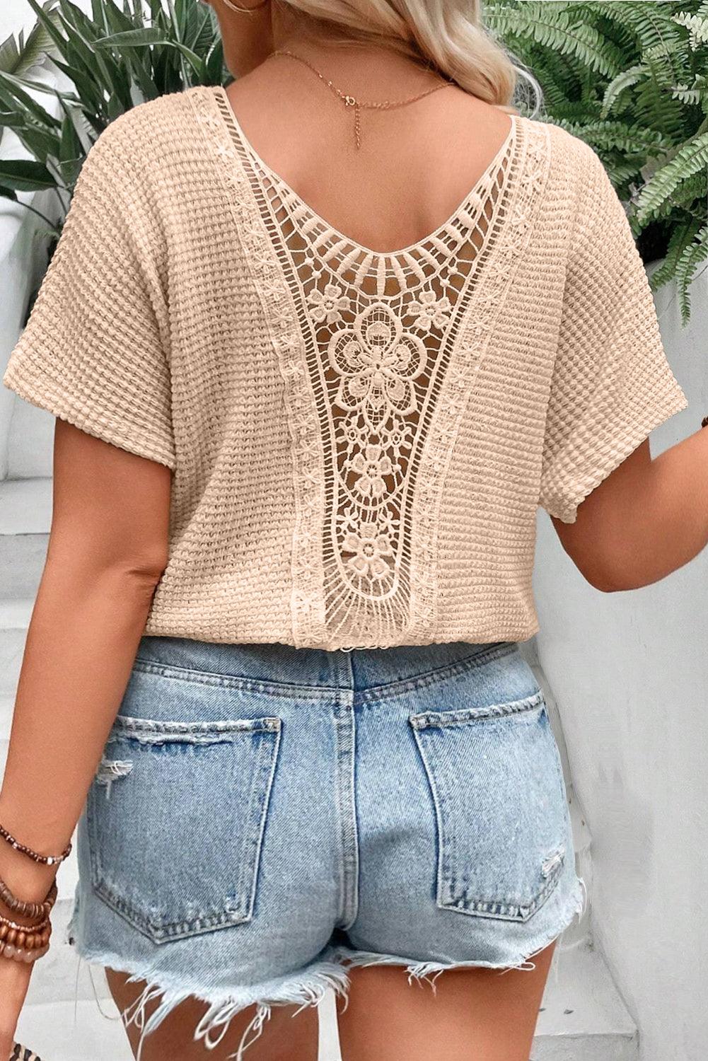 Beige Hollowed Lace Applique Plus Size Waffle T Shirt - The Fair Lady Shop