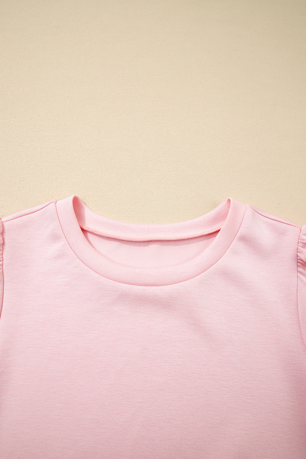 Light Pink Puff Sleeve Pearl Embellished Scallop Hem 2-Piece Shorts Set