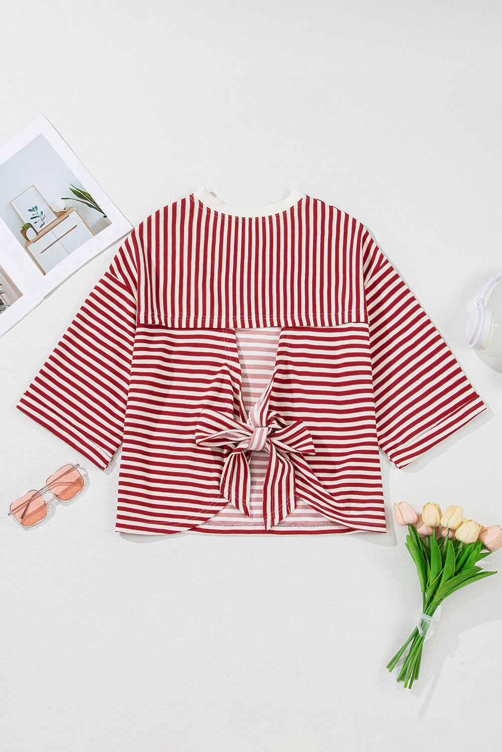 Red Striped Bowknot Backless T-Shirt - The Fair Lady Shop