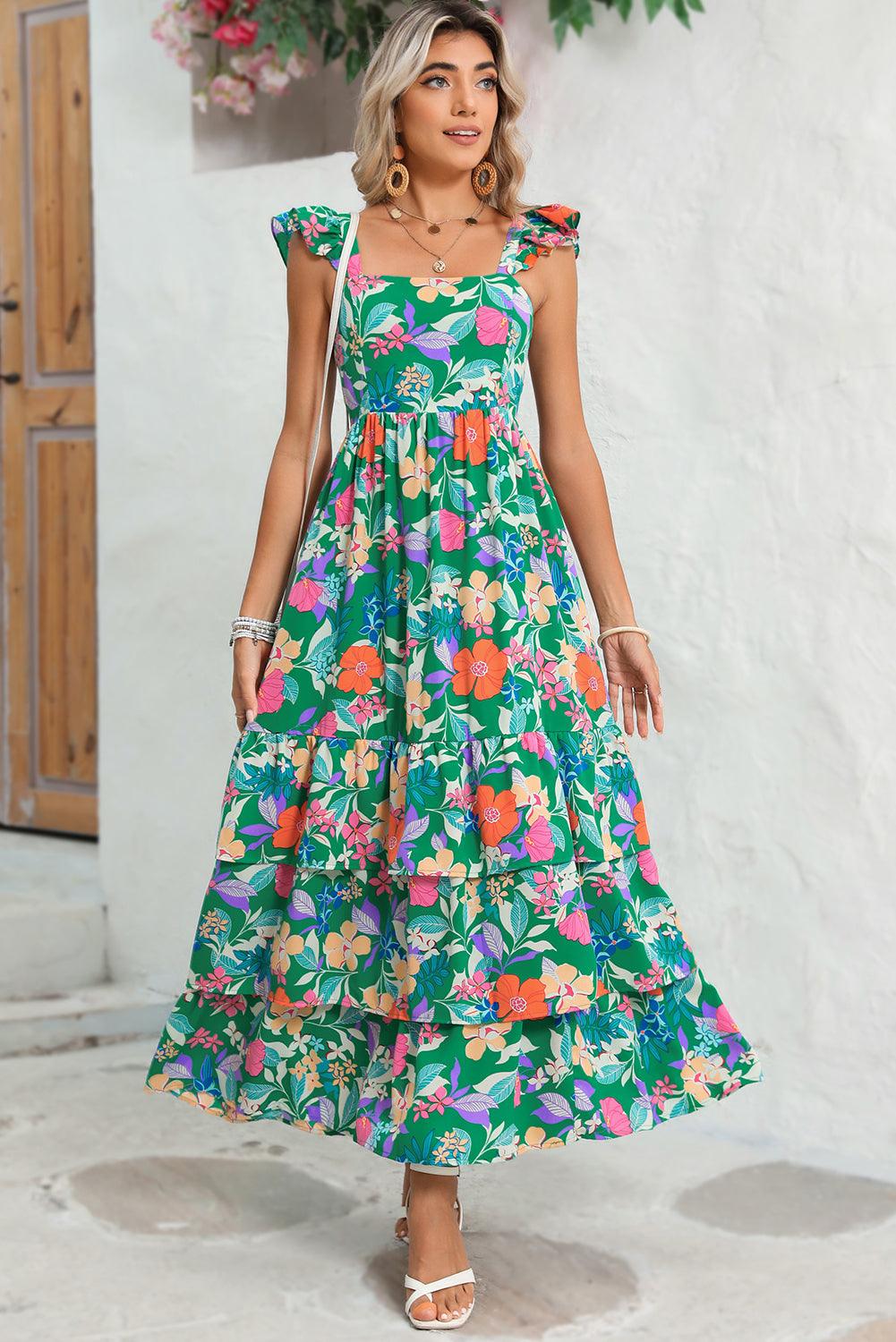 Pink Floral Print Sleeveless Ruffle Tiered Maxi Dress - The Fair Lady Shop