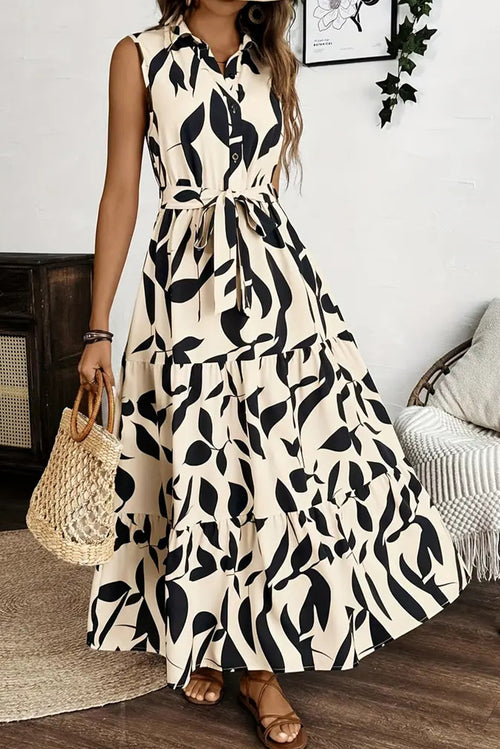 Apricot Abstract Print Knot Waist Collar Sleeveless Maxi Dress - The Fair Lady Shop