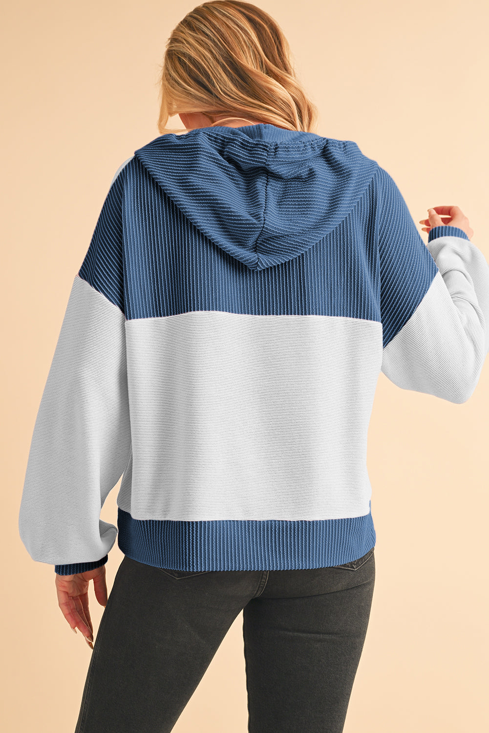 White Corded Patch Pocket Drawstring Henley Long Sleeve Top - The Fair Lady Shop